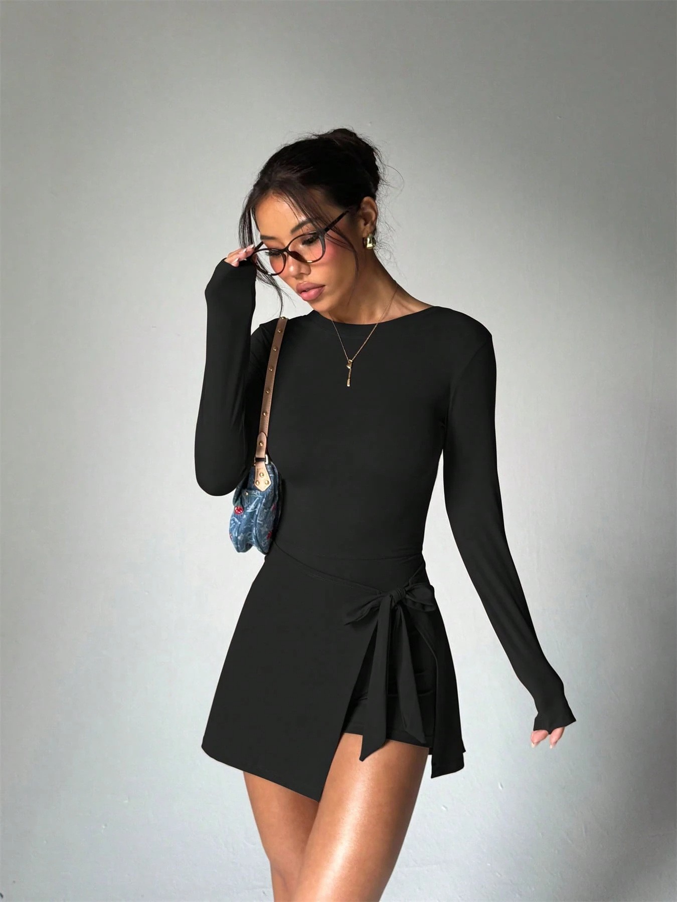 Yoga Fitness Outfit - Einfarbiger, langärmeliger, schmal geschnittener Tennisrock, Fitness-Lauf-Yoga-Anzug